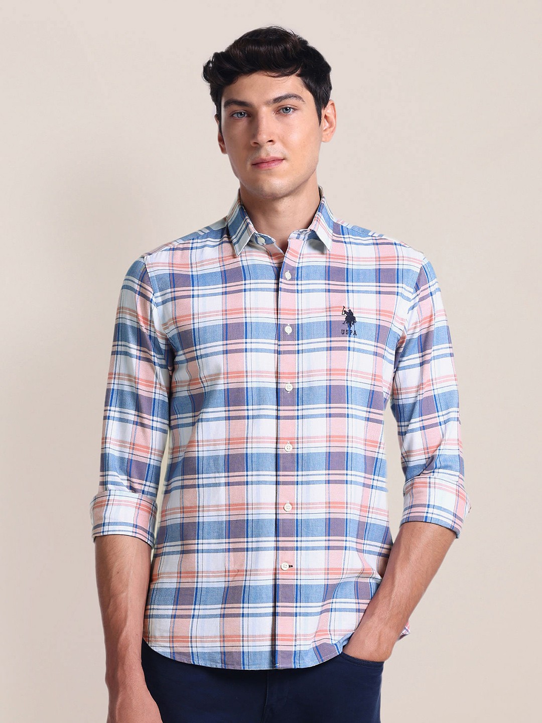 

U.S. Polo Assn. Spread Collar Checked Cotton Casual Shirt, Pink