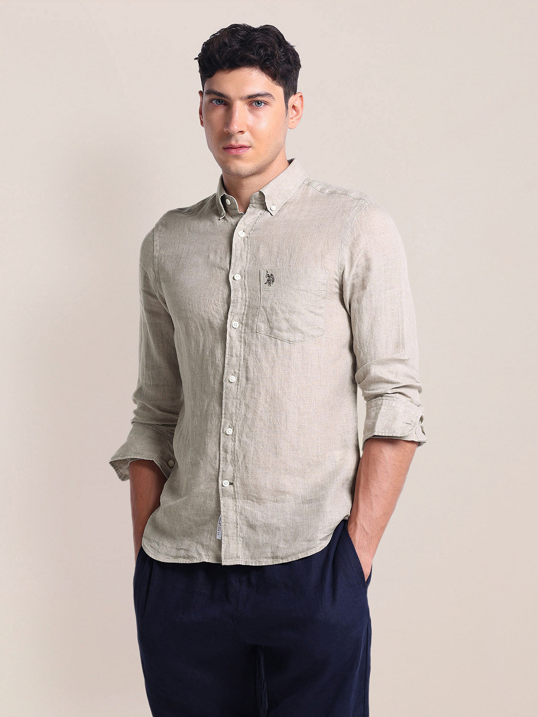 

U.S. Polo Assn. Button Down Collar Long Sleeves Regular Fit Cotton Casual Shirt, Beige