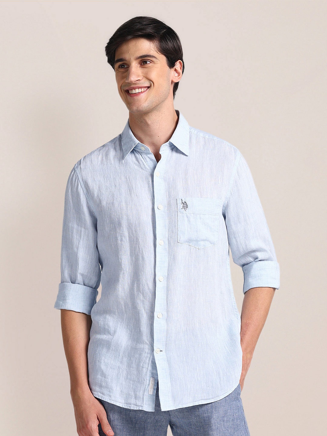 

U.S. Polo Assn. Spread Collar Opaque Tailored Fit Linen Shirt, Blue