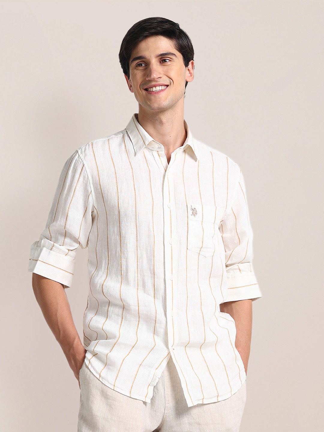 

U.S. Polo Assn. Spread Collar Opaque Striped Linen Casual Shirt, White