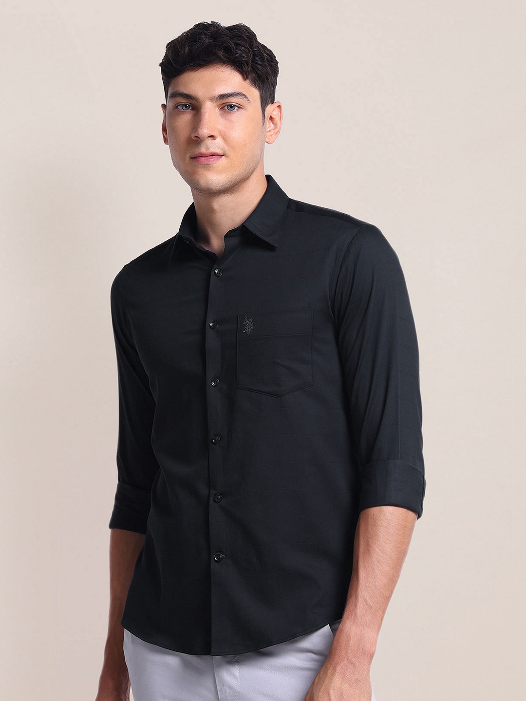 

U.S. Polo Assn. Spread Collar Cotton Casual Shirt, Black