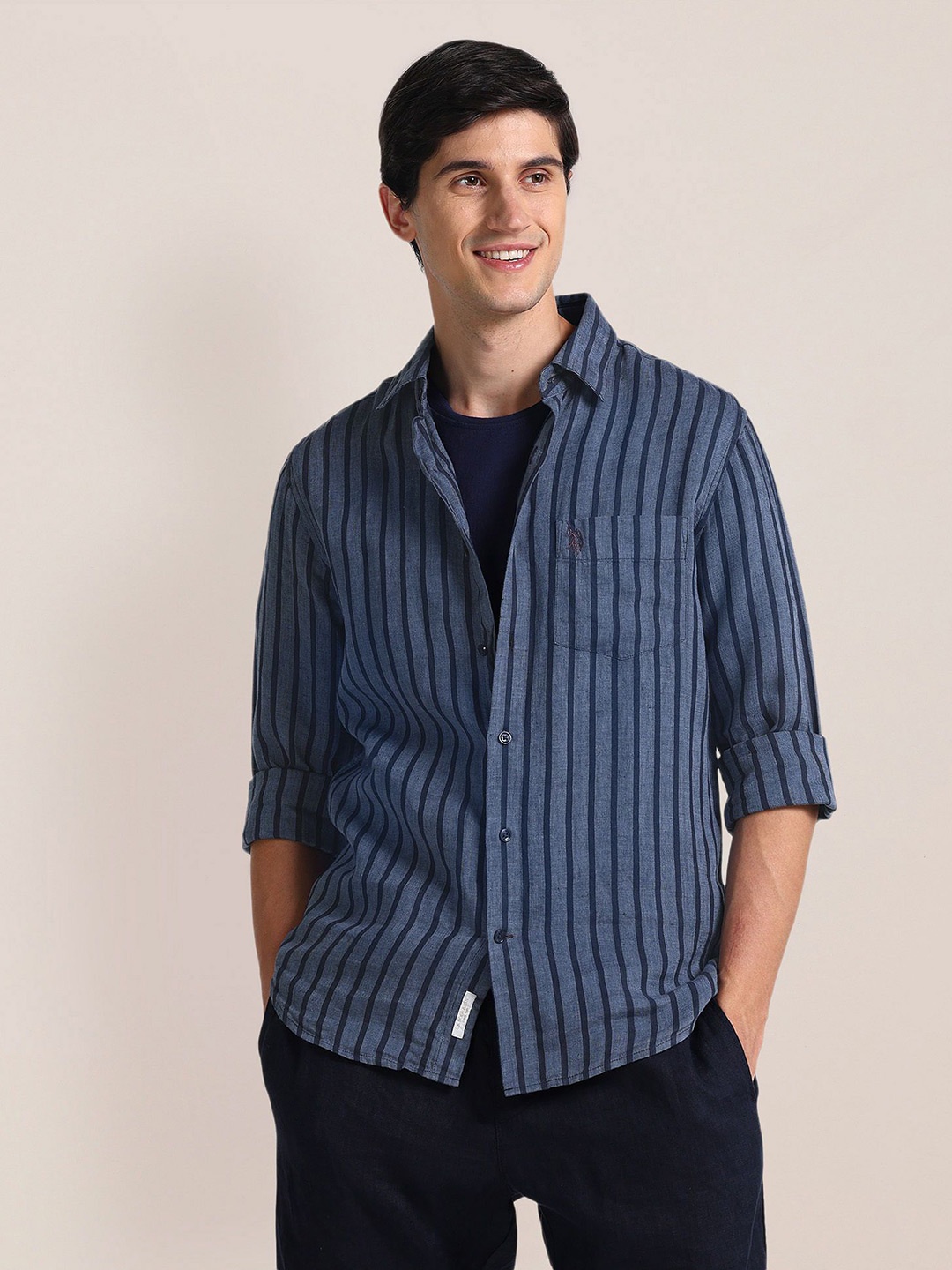 

U.S. Polo Assn. Tailored Fit Opaque Striped Cotton Casual Shirt, Blue