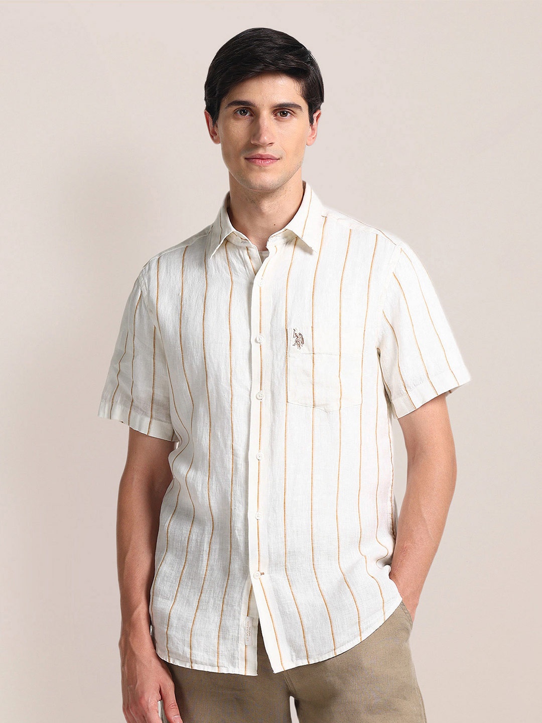 

U.S. Polo Assn. Spread Collar Opaque Striped Linen Casual Shirt, White