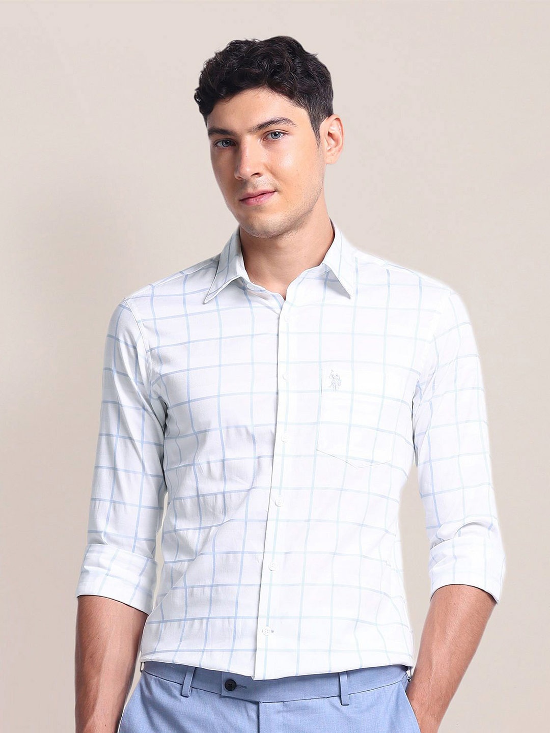 

U.S. Polo Assn. Windowpane Checked Opaque Casual Shirt, White