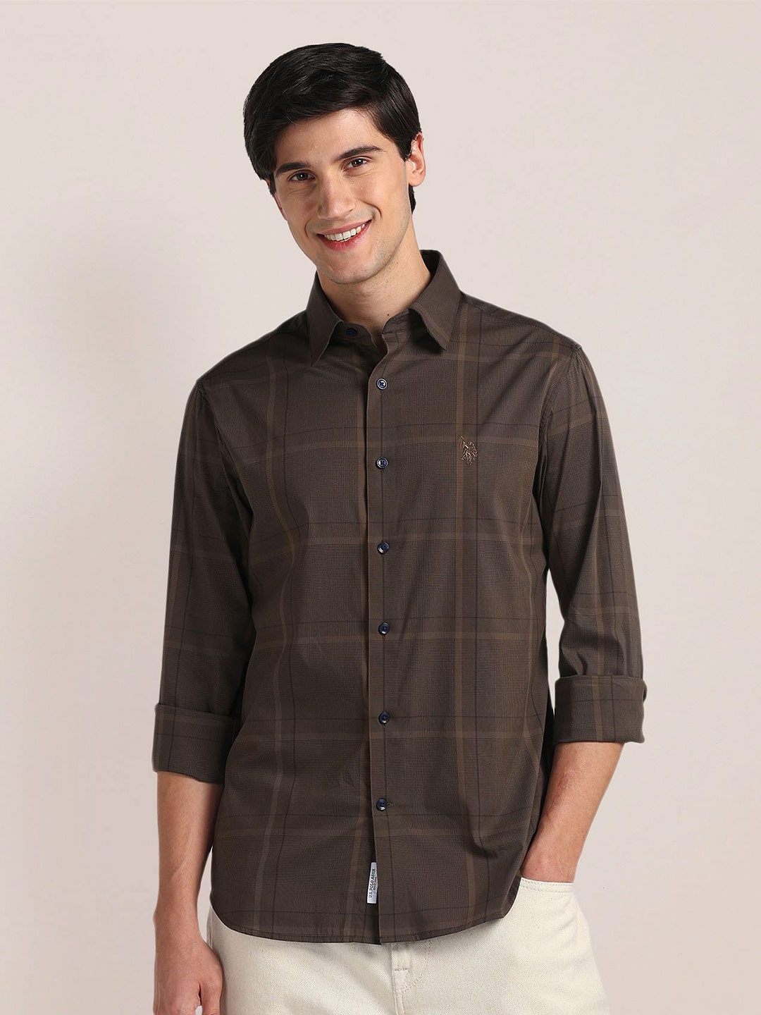 

U.S. Polo Assn. Windowpane Checked Cotton Opaque Casual Shirt, Brown