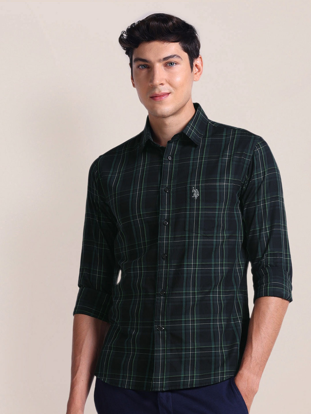 

U.S. Polo Assn. Spread Collar Tartan Checks Checked Regular Fit Casual Shirt, Green