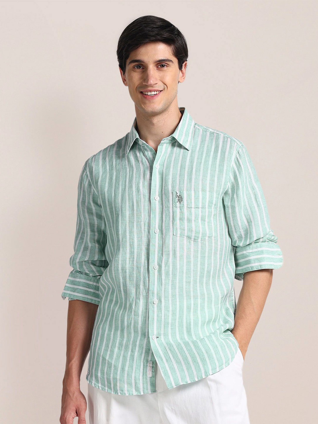 

U.S. Polo Assn. Vertical Striped Opaque Casual Shirt, Green