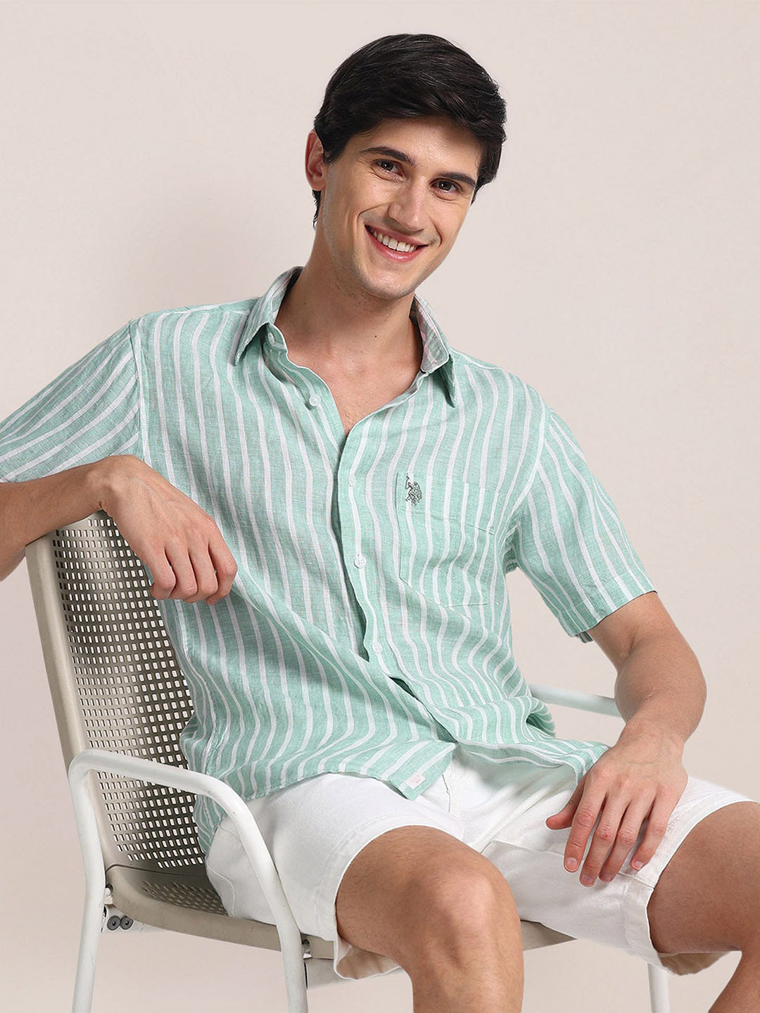 

U.S. Polo Assn. Spread Collar Opaque Striped Linen Casual Shirt, Green