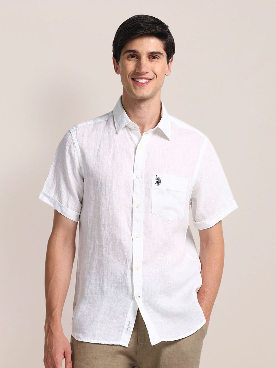 

U.S. Polo Assn. Spread Collar Opaque Tailored Fit Linen Shirt, White