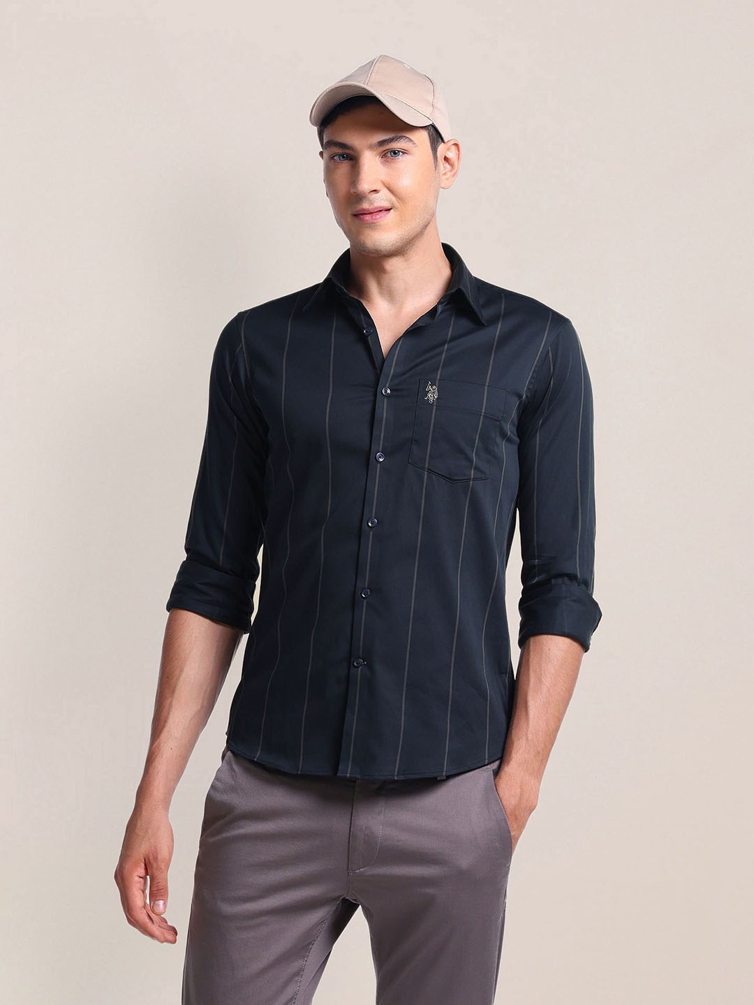 

U.S. Polo Assn. Spread Collar Striped Cotton Casual Shirt, Blue