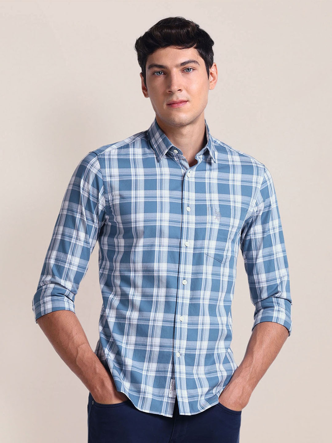 

U.S. Polo Assn. Spread Collar Long Sleeves Tailored Fit Cotton Checked Casual Shirt, Blue