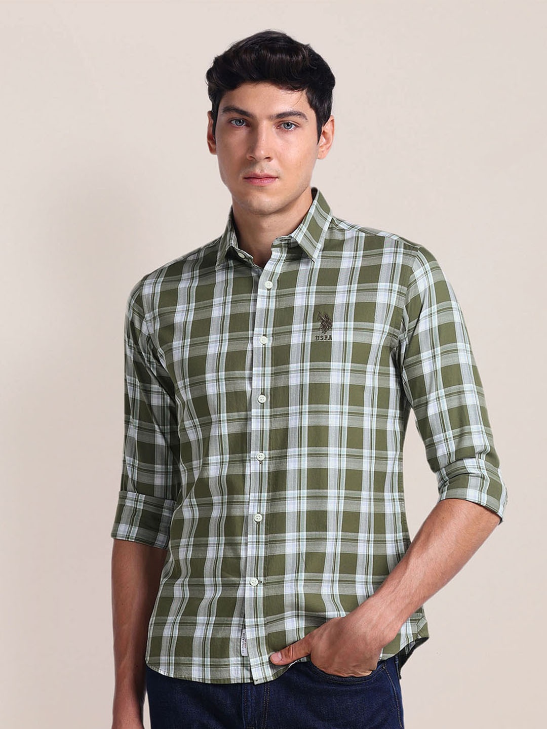 

U.S. Polo Assn. Spread Collar Tartan Checks Checked Regular Fit Casual Shirt, Green