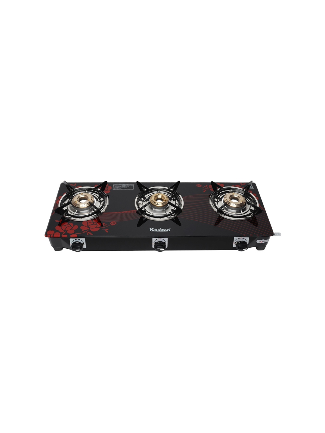 

Khaitan Black & Red Digital Printed Toughened Glass 3 Burners Manual Gas Stove