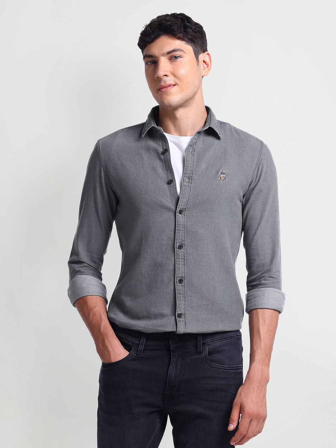 

U.S. Polo Assn. Denim Co. Spread Collar Slim Fit Chambray Casual Shirt, Grey