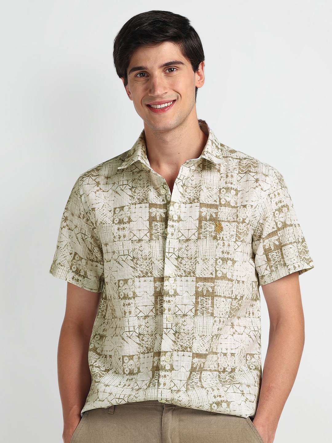 

U.S. Polo Assn. Denim Co. Slim Fit Abstract Printed Spread Collar Casual Shirt, Khaki