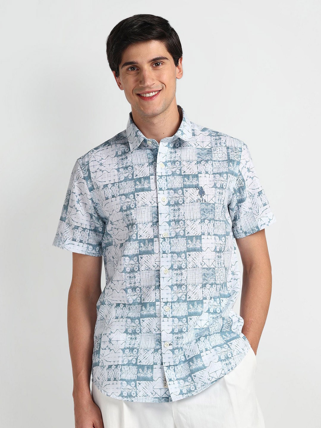

U.S. Polo Assn. Denim Co. Plus Size Slim Fit Abstract Printed Spread Collar Casual Shirt, Blue