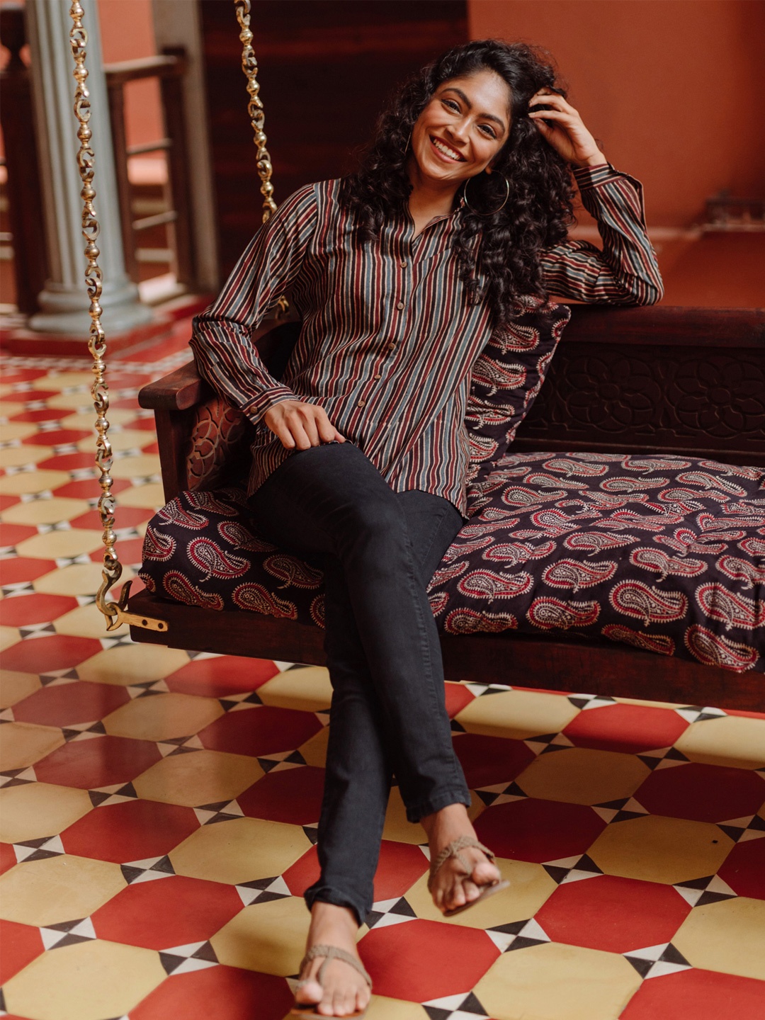 

OKHAI Women Comfort Opaque Striped formal Shirt, Brown