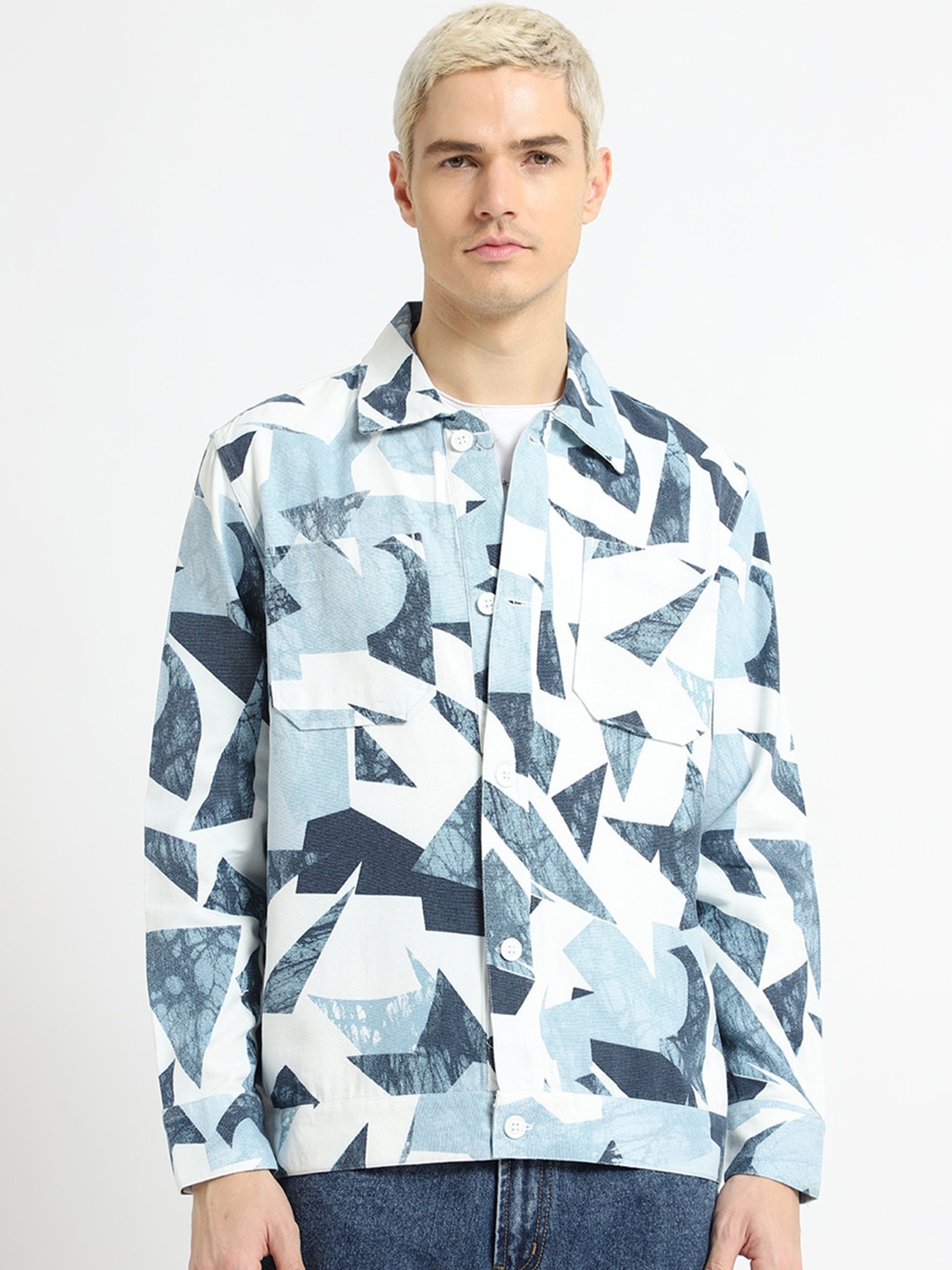 

Banana Club Men Geometric Printed Denim Jacket, Blue