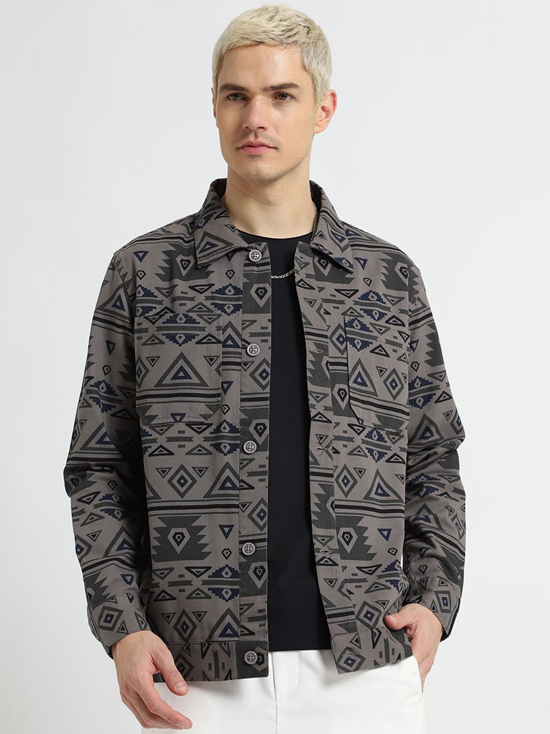 

Banana Club Men Geometric Printed Tailored Jacket, Grey