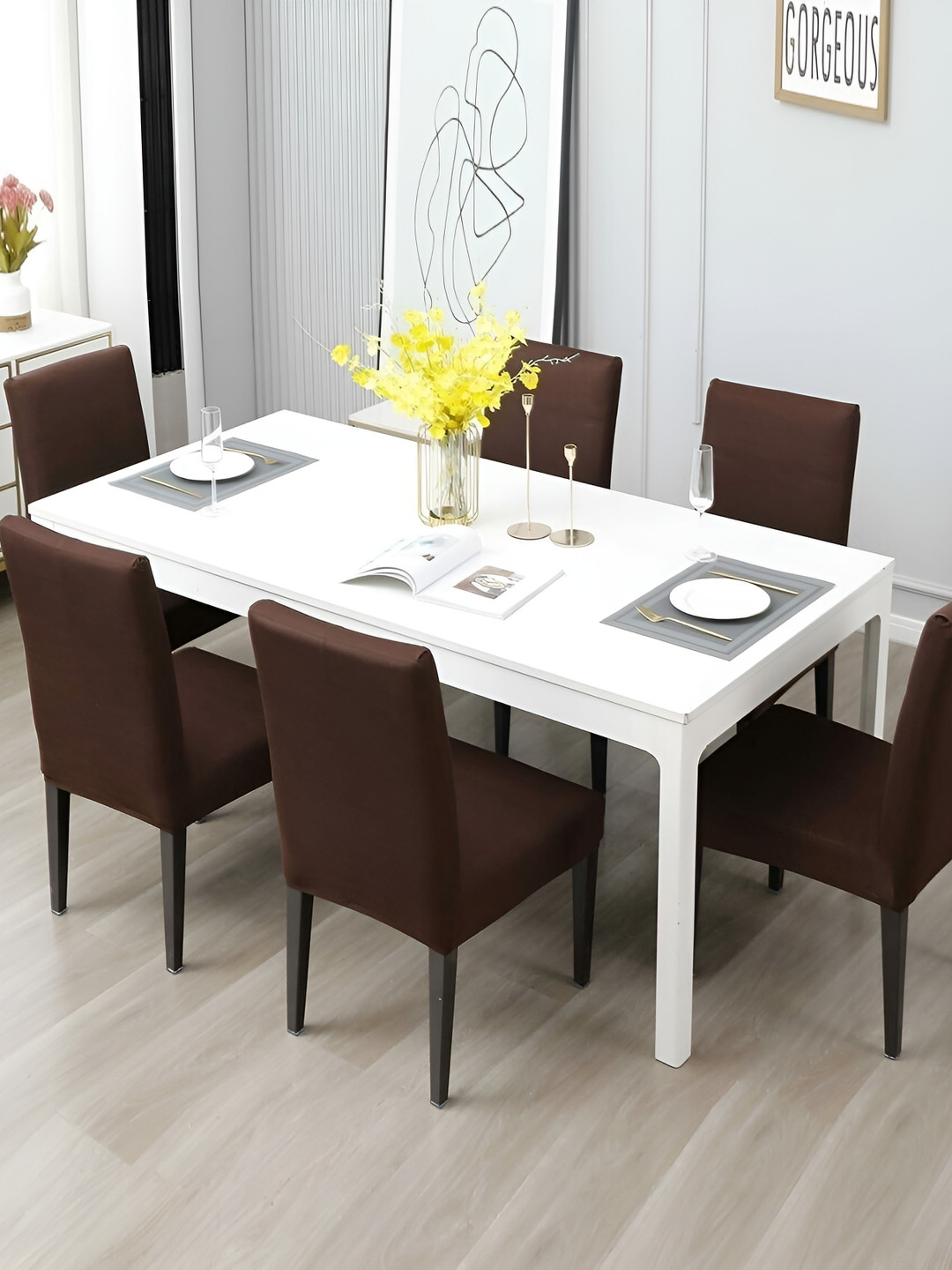 

B BESTILO 6-Pcs Brown Stretchable Chair Cover