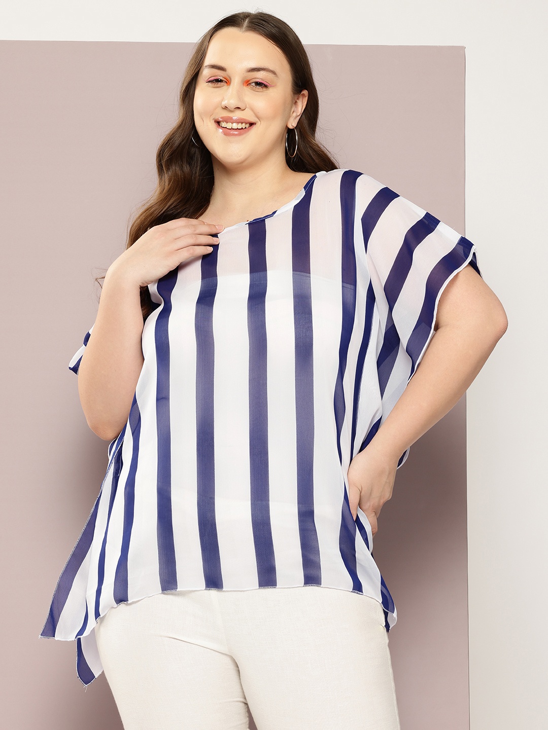 

Qurvii+ Striped Flared Sleeves Kaftan Longline Top, Blue