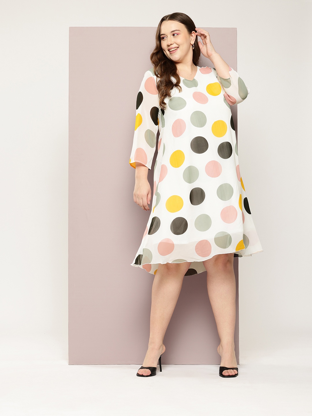 

Qurvii+ Plus Size Polka Dot Print Georgette A-Line Dress, Multi