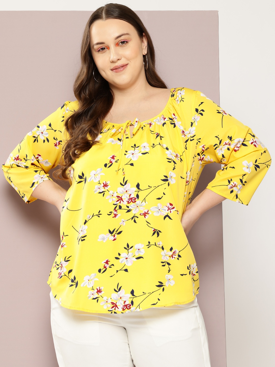 

Qurvii+ Plus Size Floral Print Tie-Up Neck Crepe Longline Top, Yellow