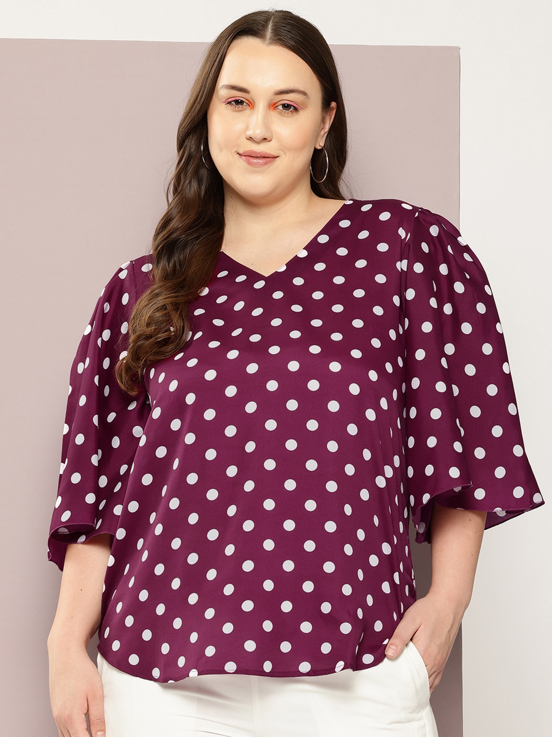 

Qurvii+ Plus Size Polka Dot Print Flared Sleeve Crepe Top, Burgundy