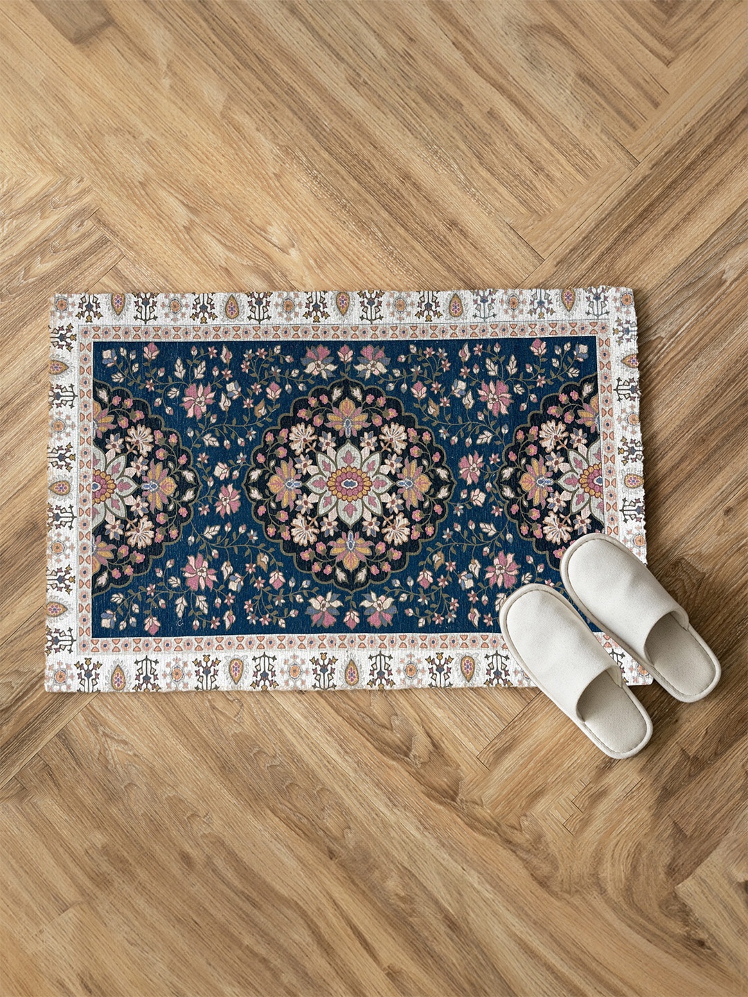 

URBAN SPACE Blue Ethnic Motifs Printed Anti-Skid Carpet