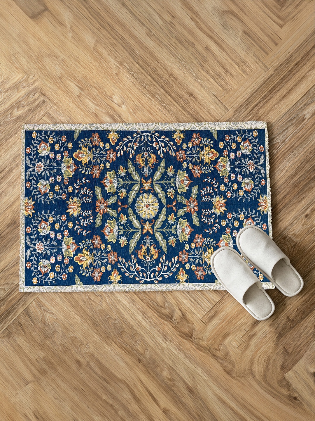 

URBAN SPACE Blue Ethnic Motifs Printed Anti-Skid Carpet