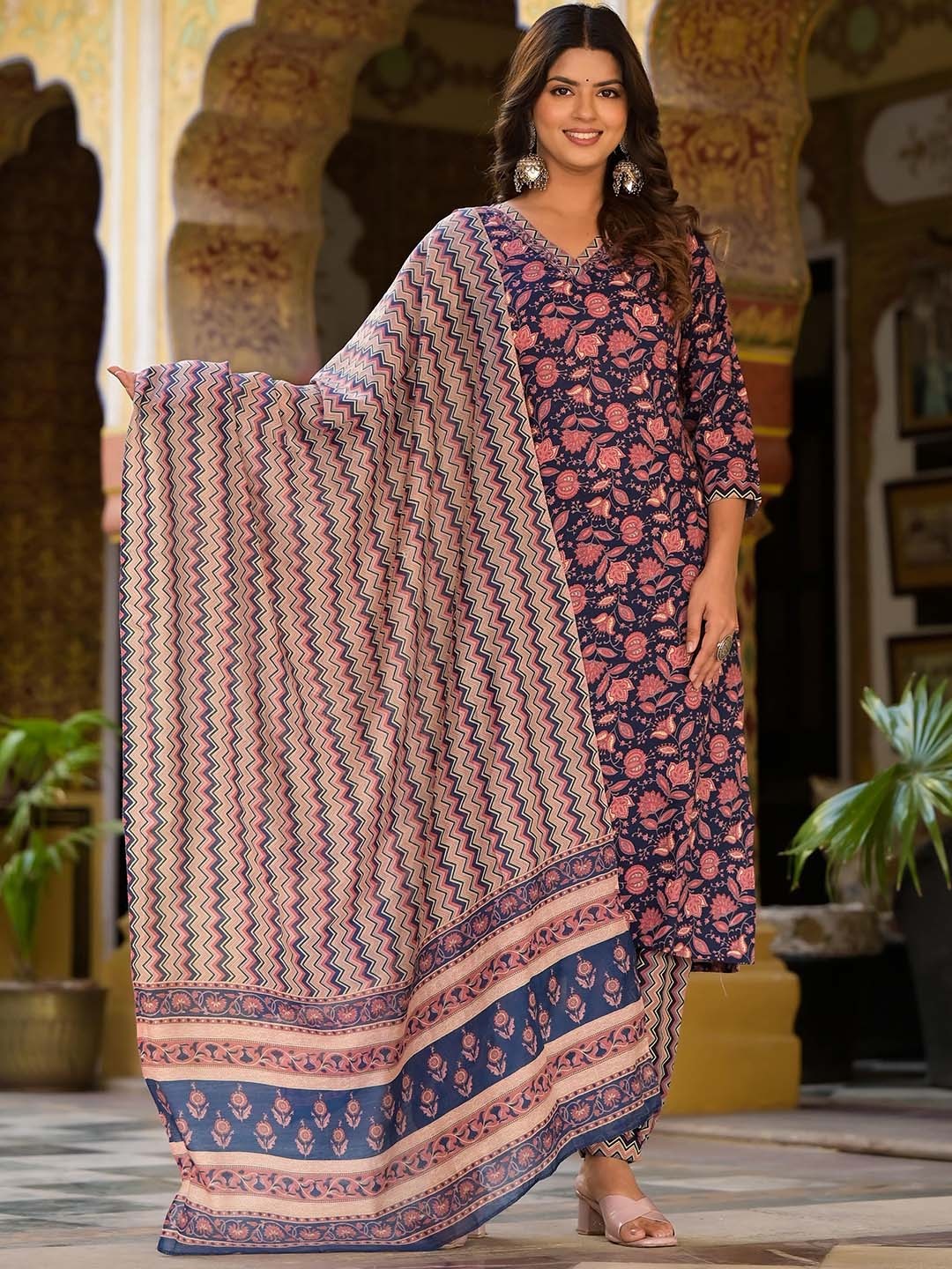 

KALINI Floral Printed Regular Thread Work Kurta with Trouser & Dupatta, Blue