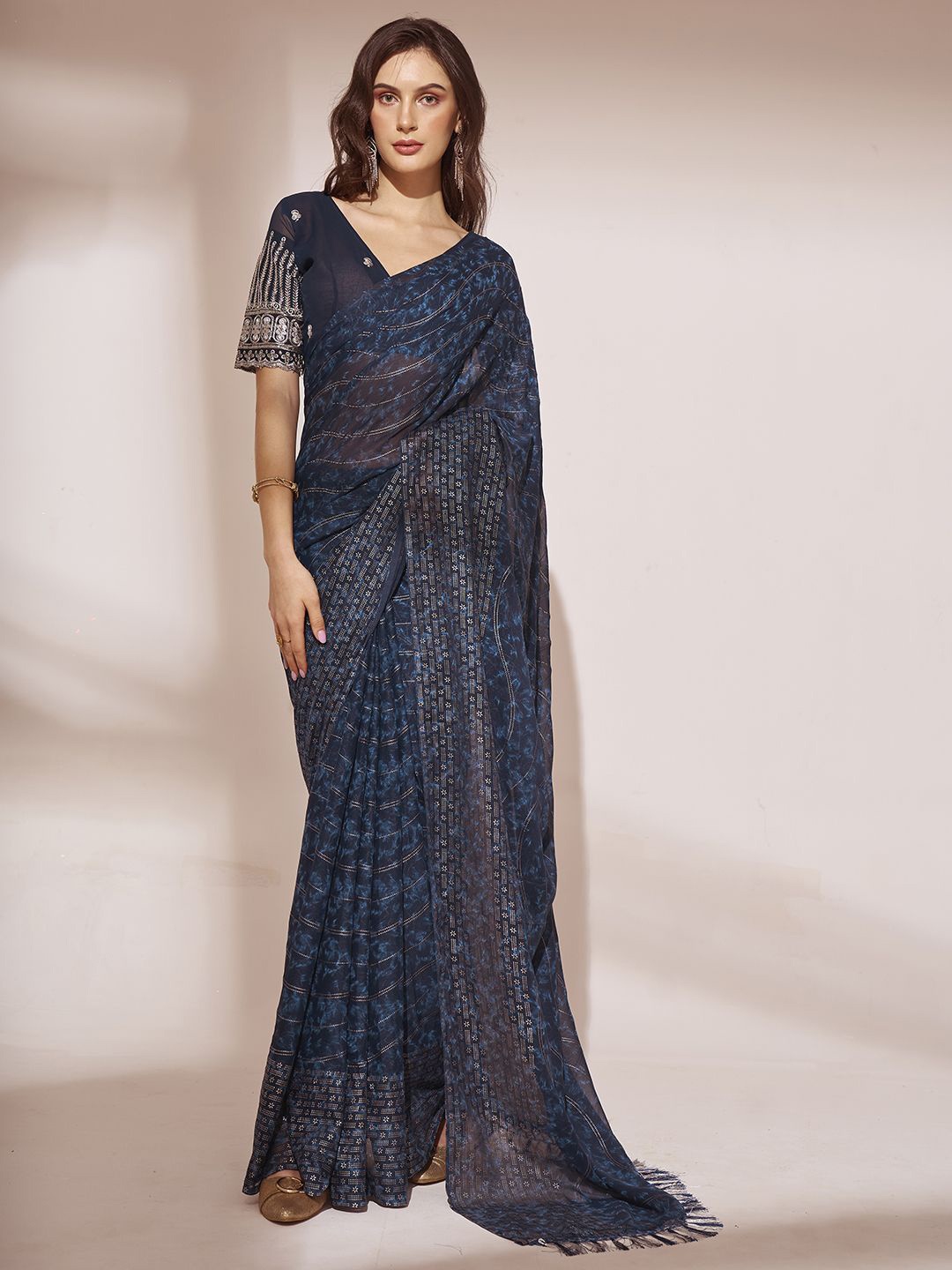 

Mitera Beads and Stones Pure Georgette Saree, Navy blue