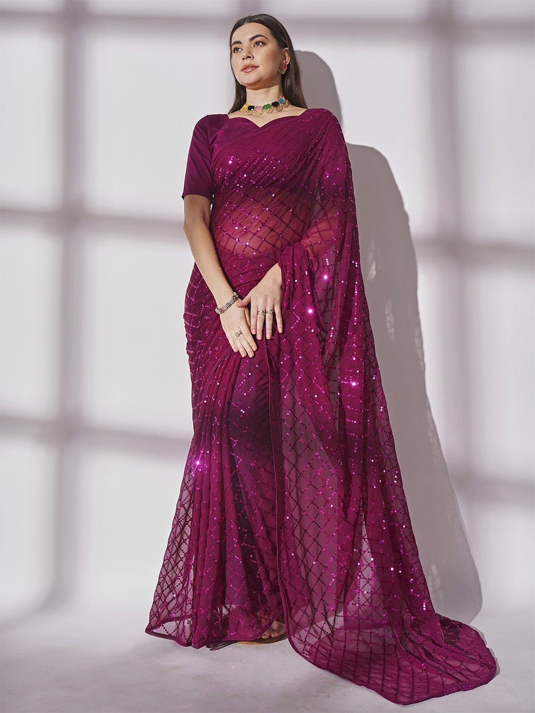 

Mitera Embellished Sequinned Pure Georgette Saree, Purple