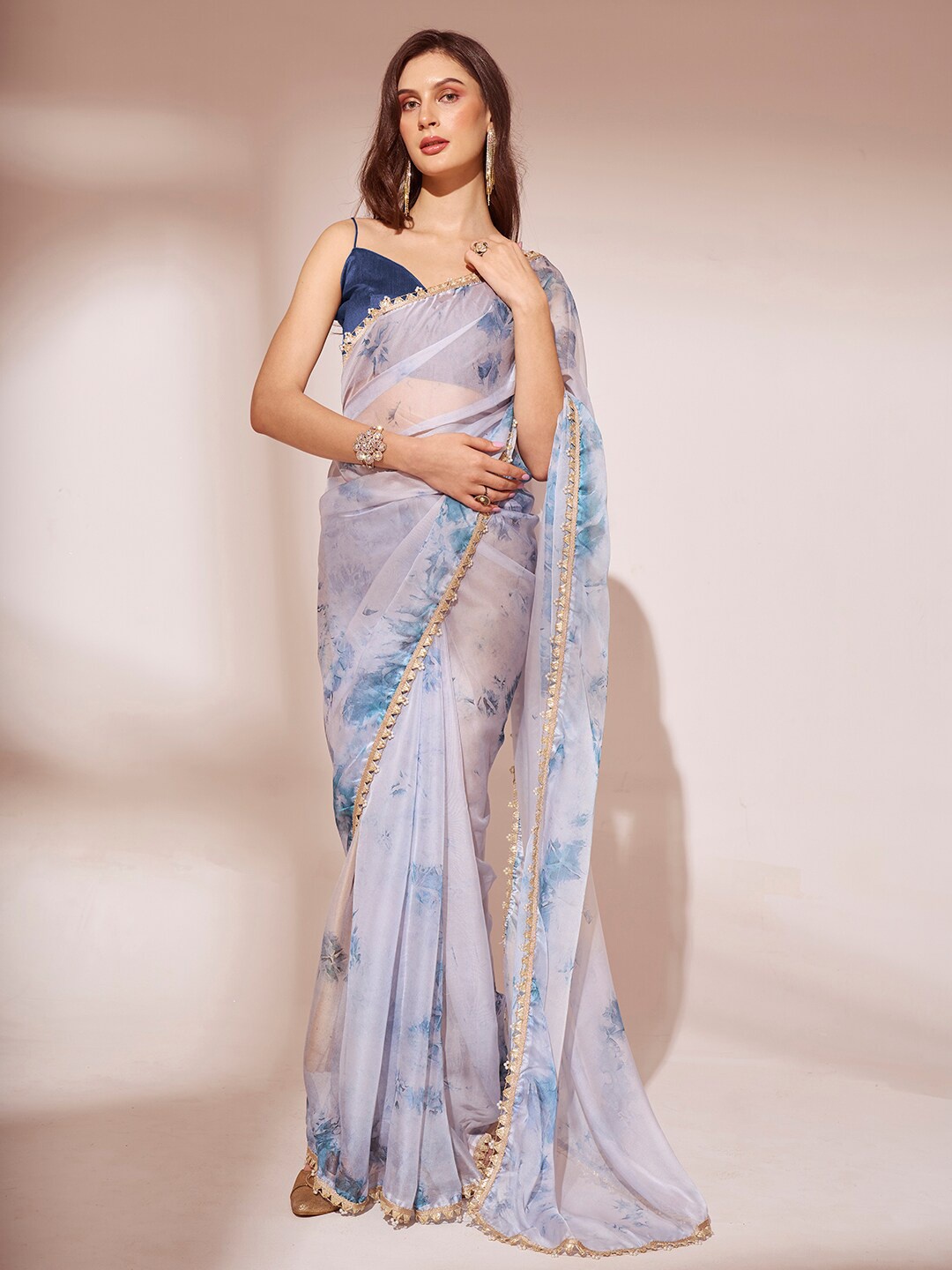

Mitera Printed Organza Saree, Blue