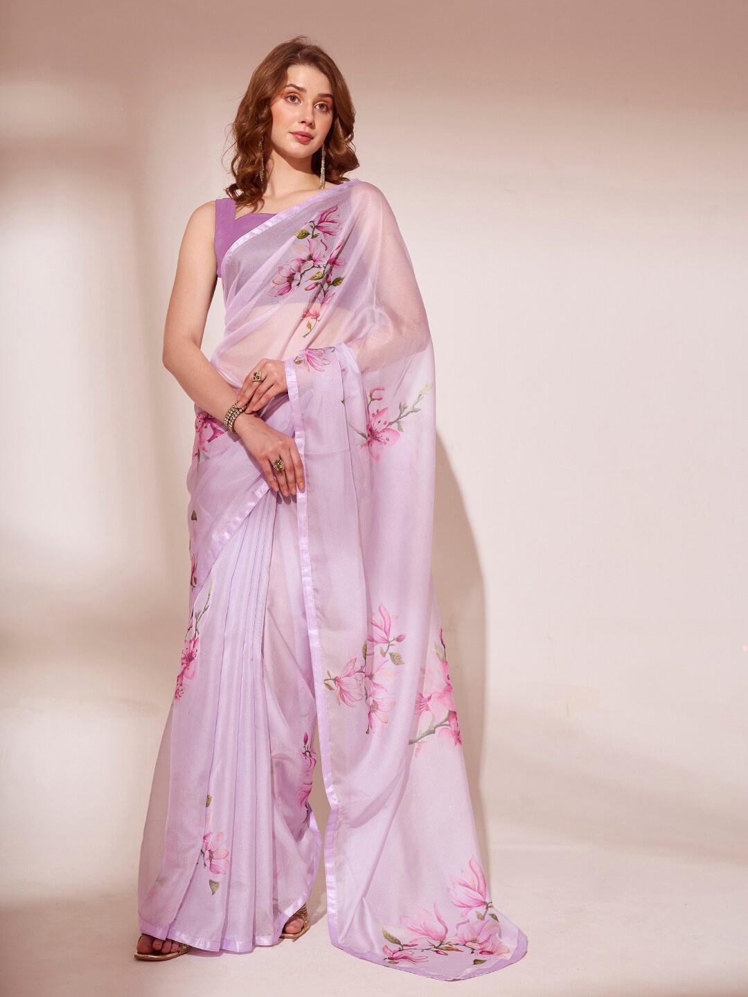 

Mitera Floral Organza Designer Saree, Lavender