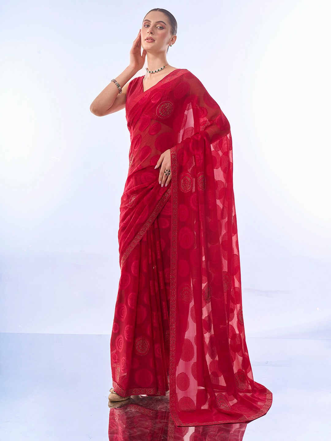 

Mitera Embellished Beads and Stones Brasso Saree With Blouse Piece, Red