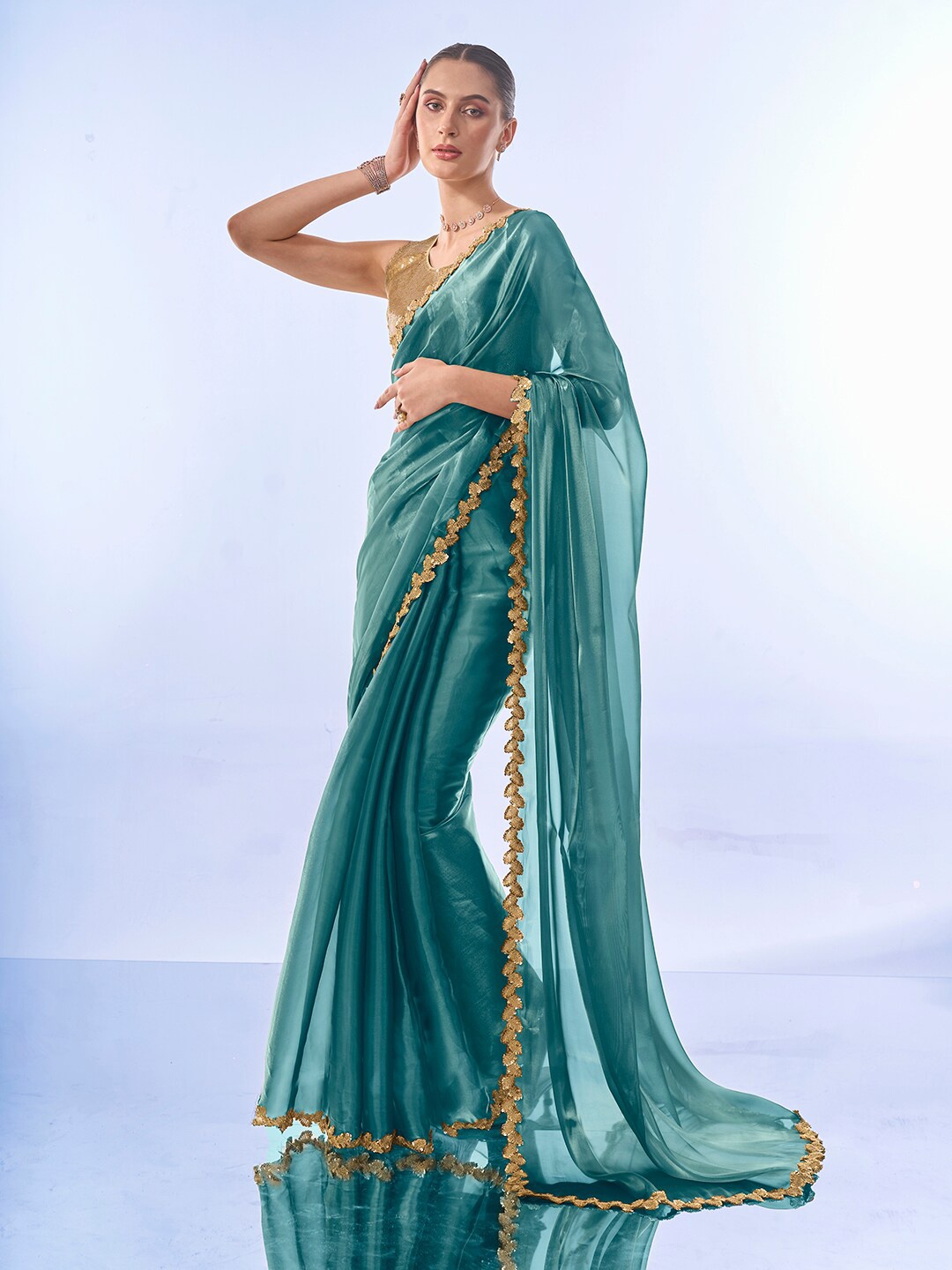 

Mitera Sequinned Organza Saree With Blouse Piece, Teal