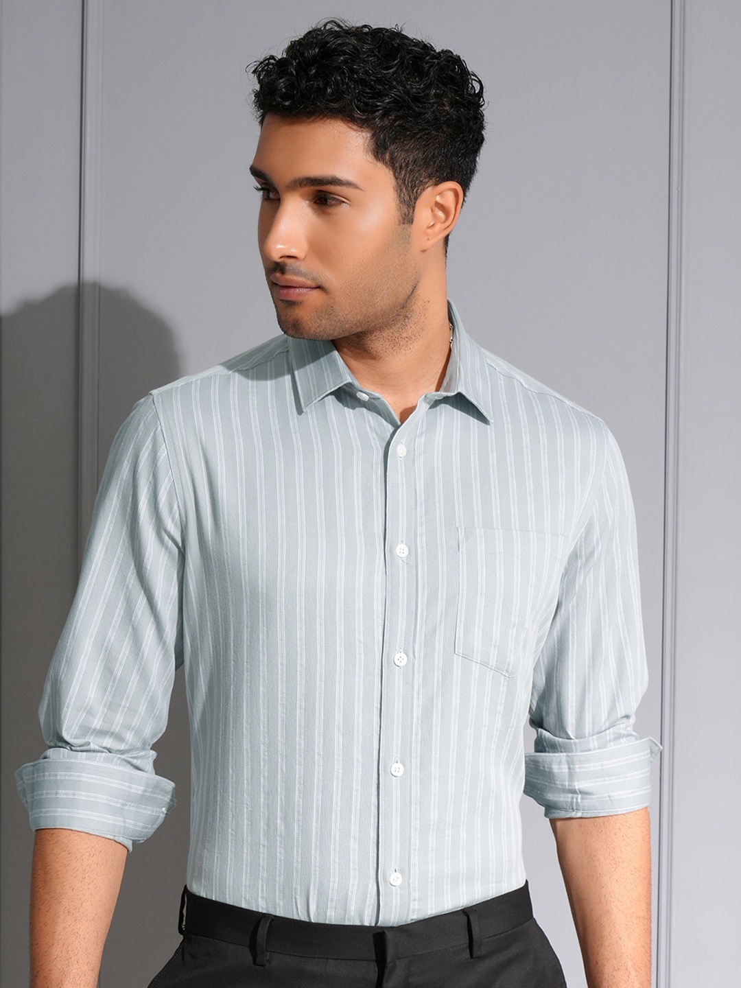 

Locomotive Men Premium Dobby Textured Striped Multi Occasion Shirt, Grey