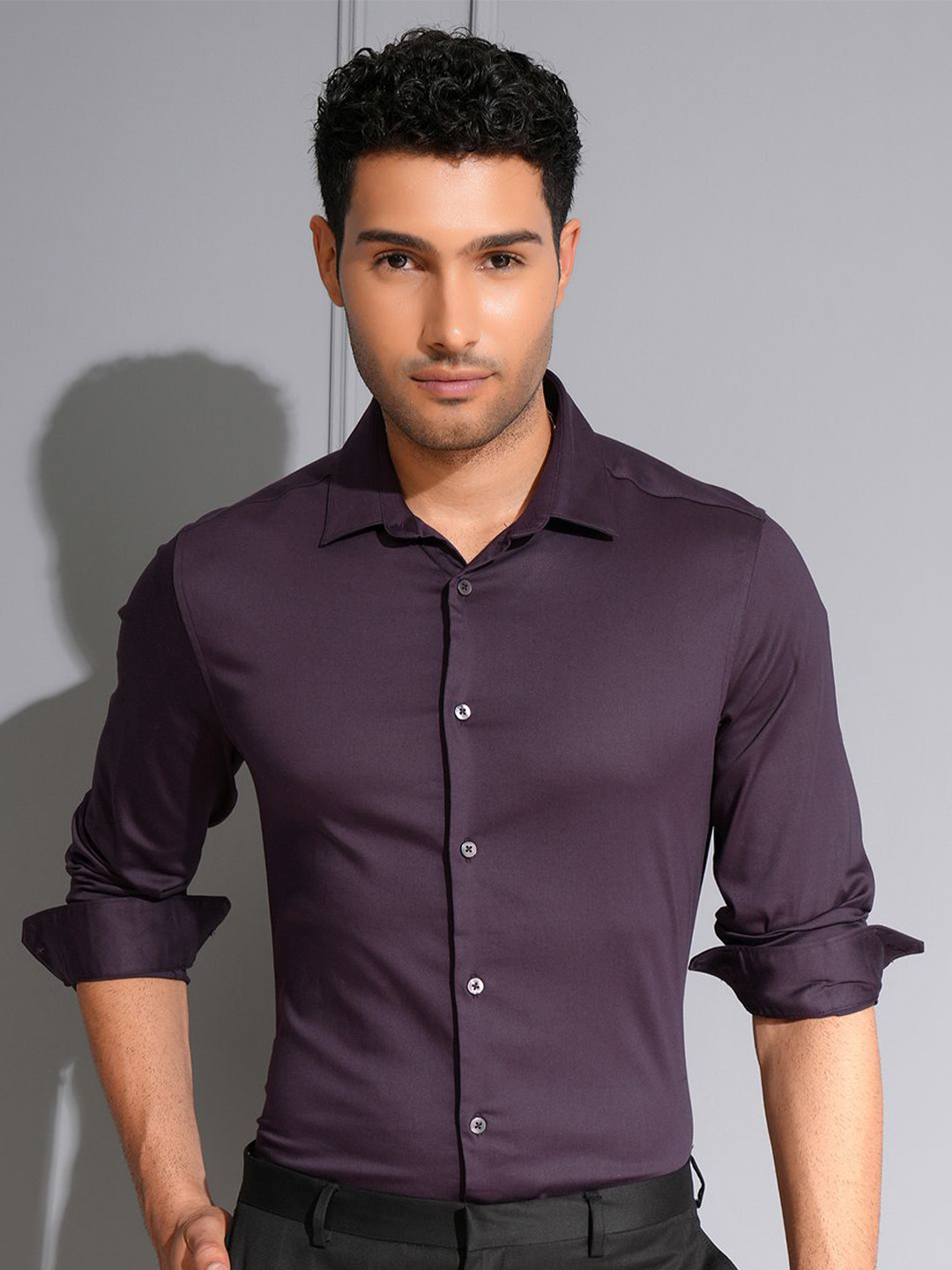 

LOCOMOTIVE Slim Fit Premium Plum Satin Casual Shirt, Purple