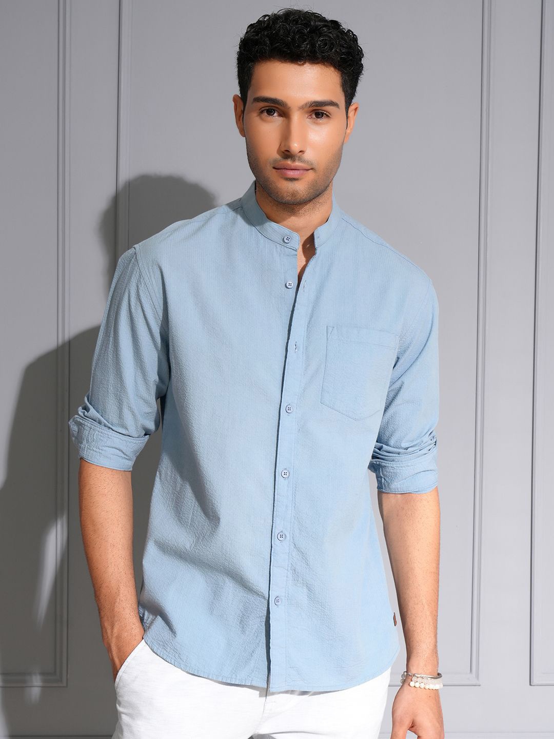 

LOCOMOTIVE Premium Blue Seersuker Mandarin Collar Relaxed Shirt