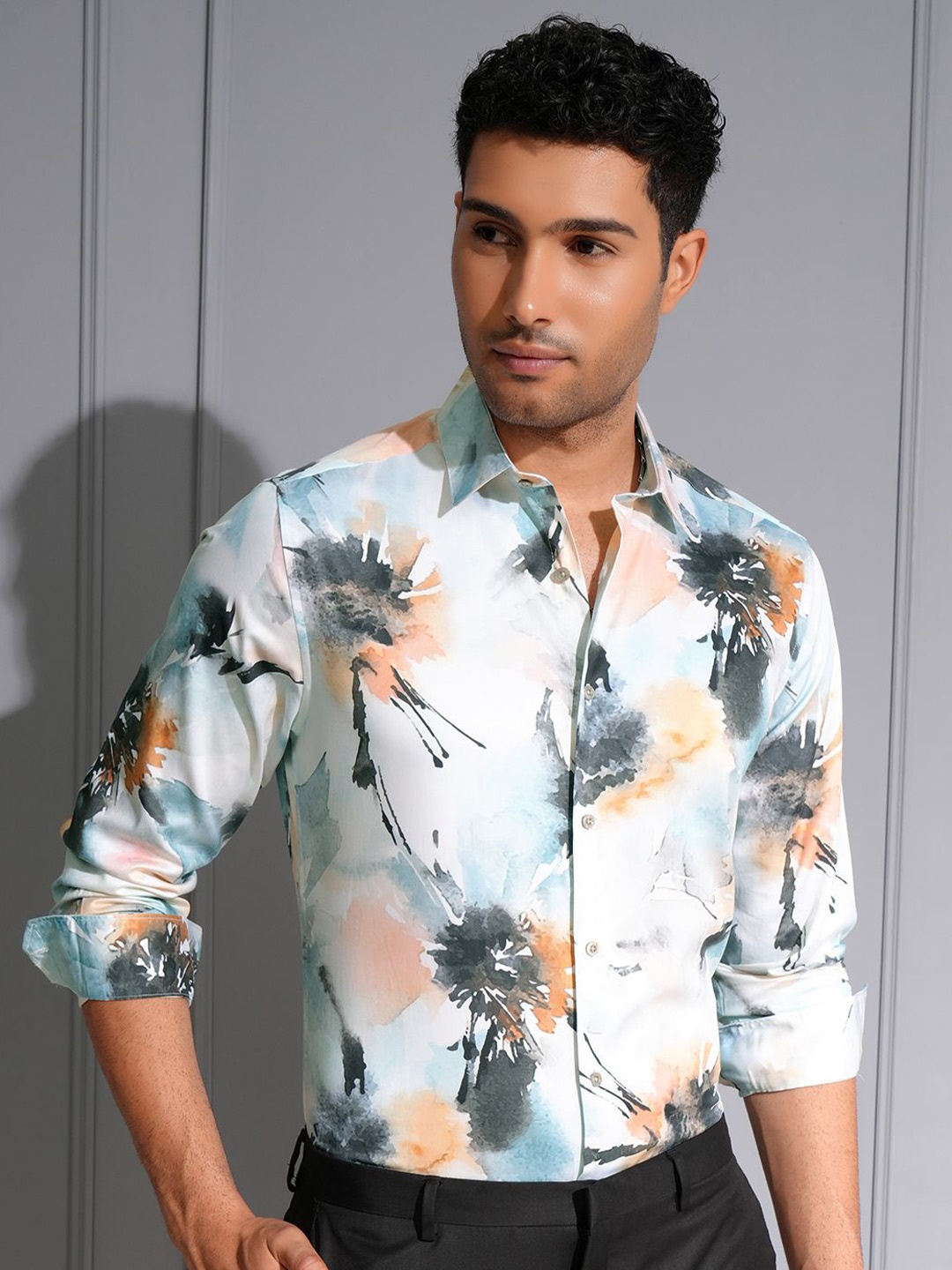 

Locomotive Men Premium Satin Printed Party Shirt, White