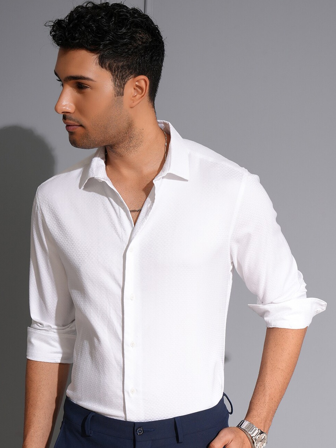 

LOCOMOTIVE Men Premium Dobby Textured Occasion Shirt, White