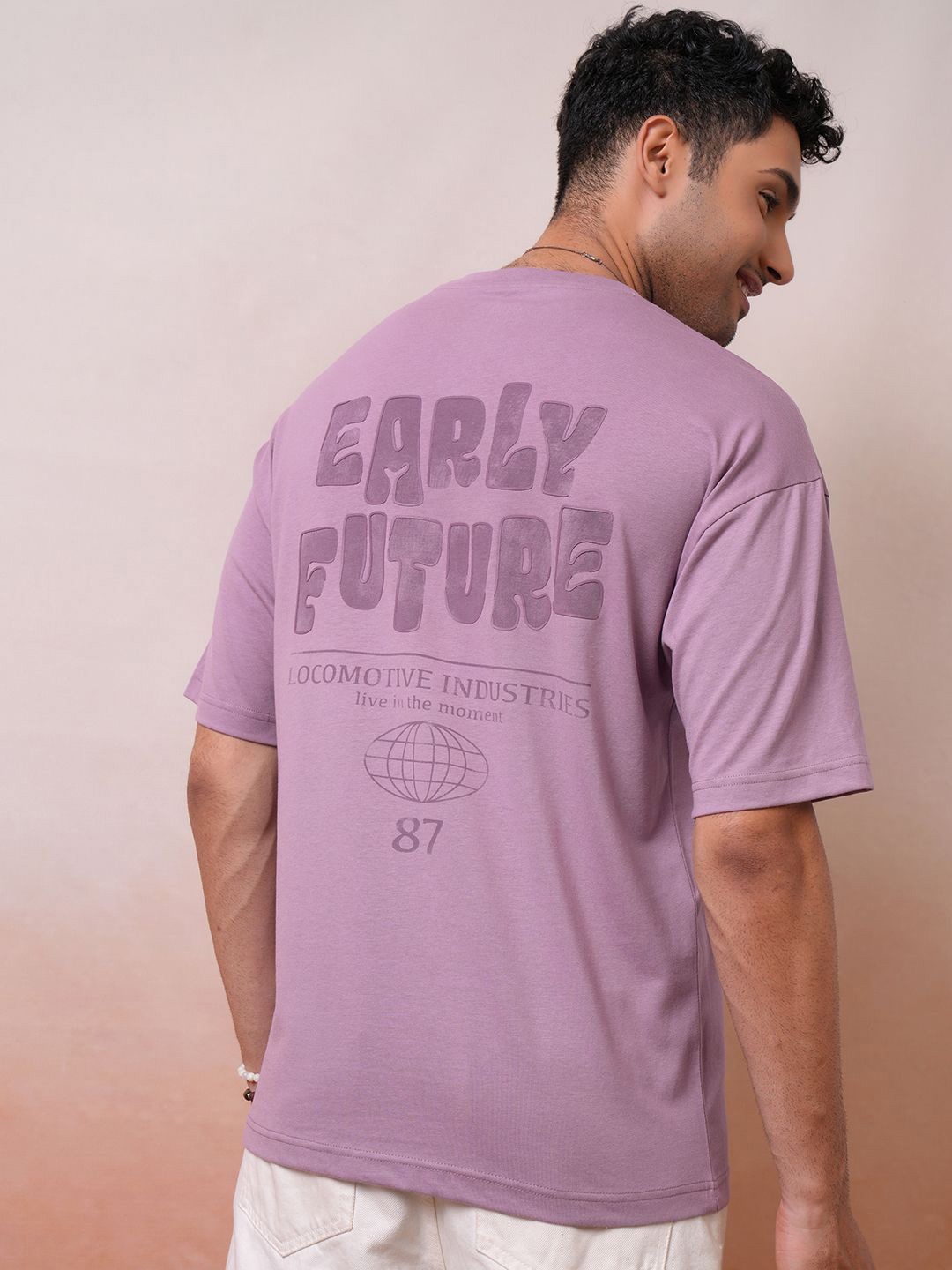 

LOCOMOTIVE Men Premium Mauve Round Neck Half Sleeve Oversized Tshirt