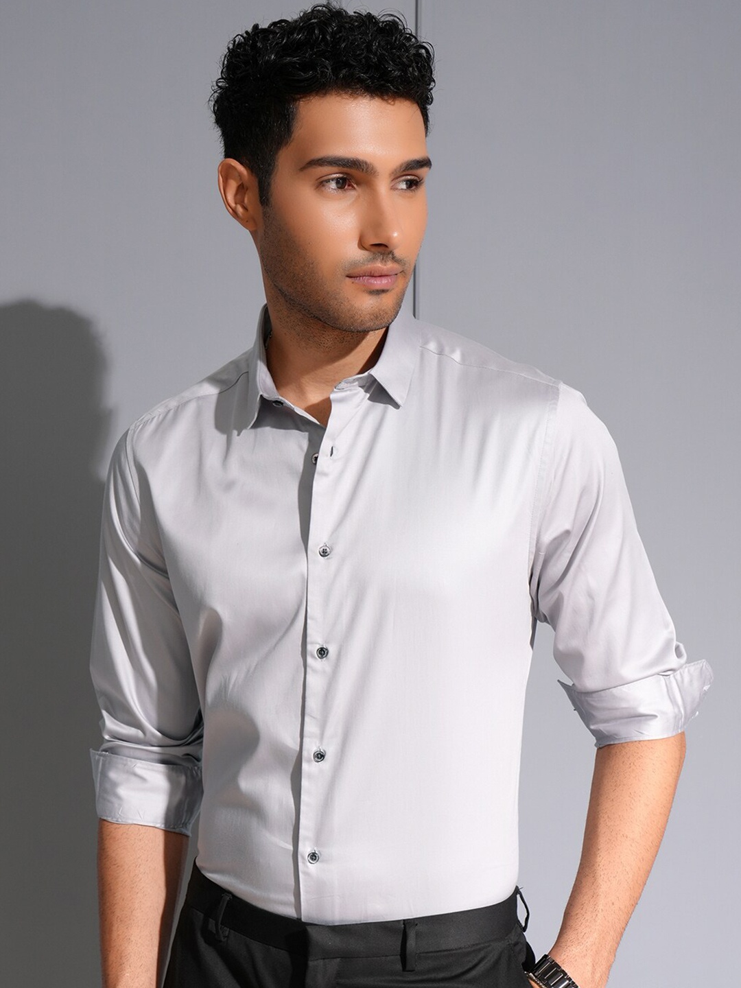 

Locomotive Men Premium Satin Solid Occasion Shirt, Grey