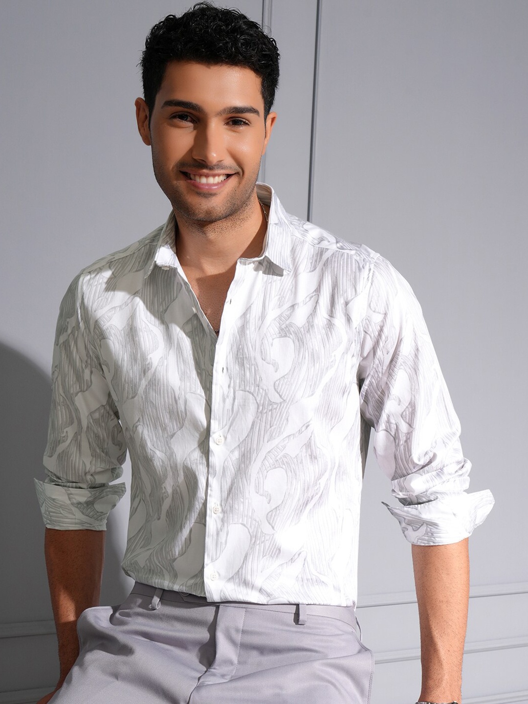 

Locomotive Men Premium Satin Printed Party Shirt, White