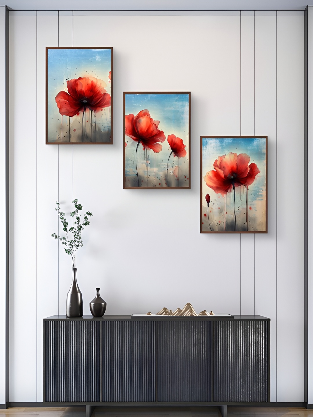 

999Store Red & Blue 3Pcs Floral And Botanical Wall Paintings
