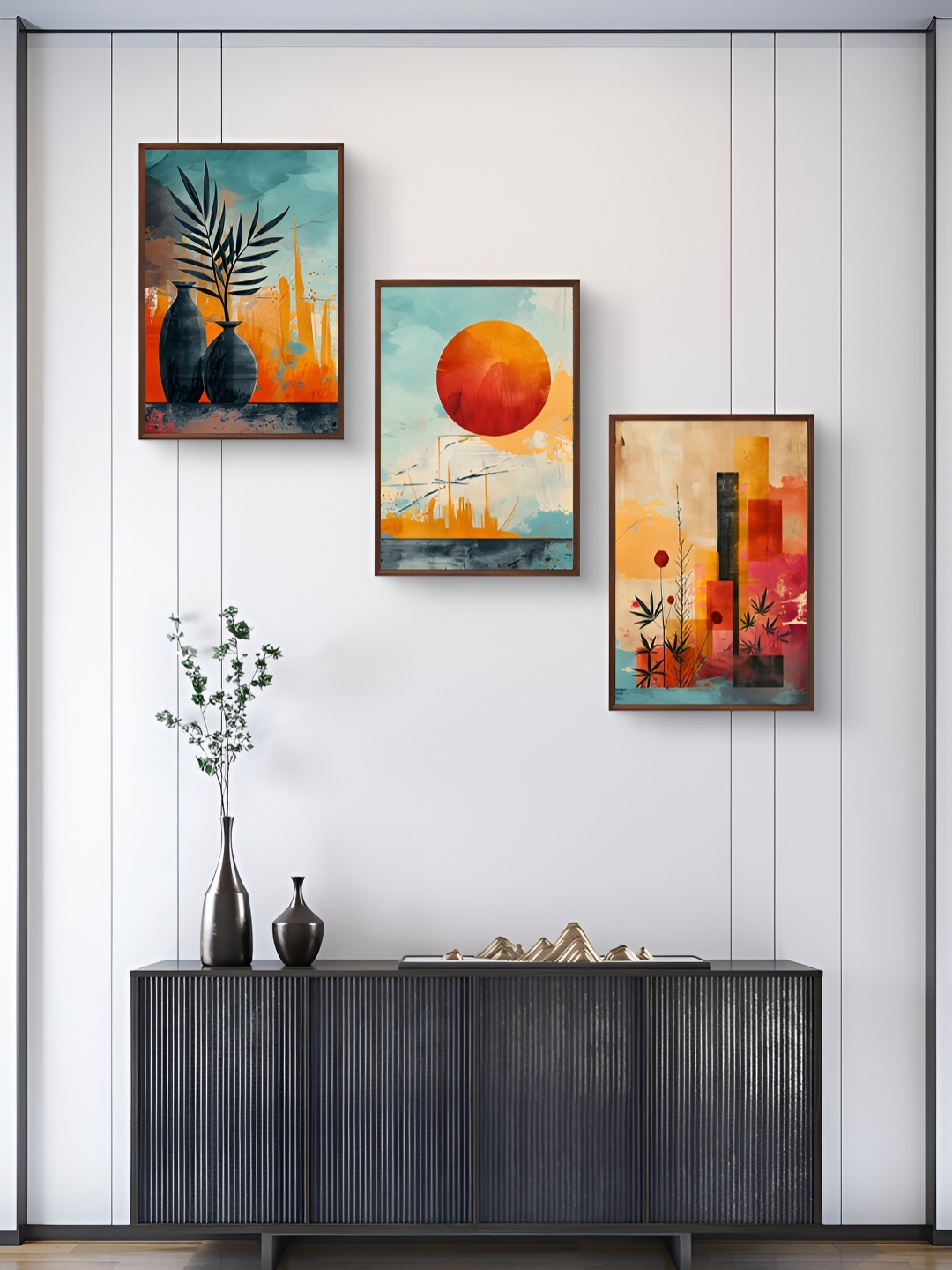 

999Store Blue & Orange 3Pcs Abstract Wall Paintings