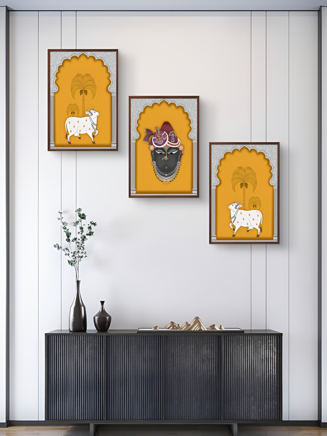 

999Store Yellow & Brown 3Pcs Birds And Animals Wall Paintings