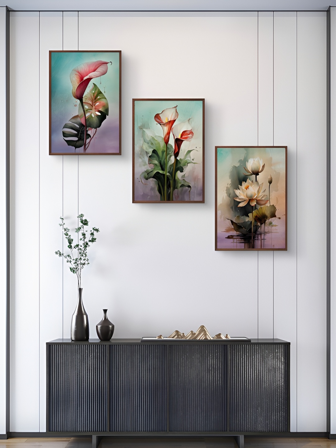 

999Store Blue & Pink 3Pcs Floral And Botanical Wall Paintings