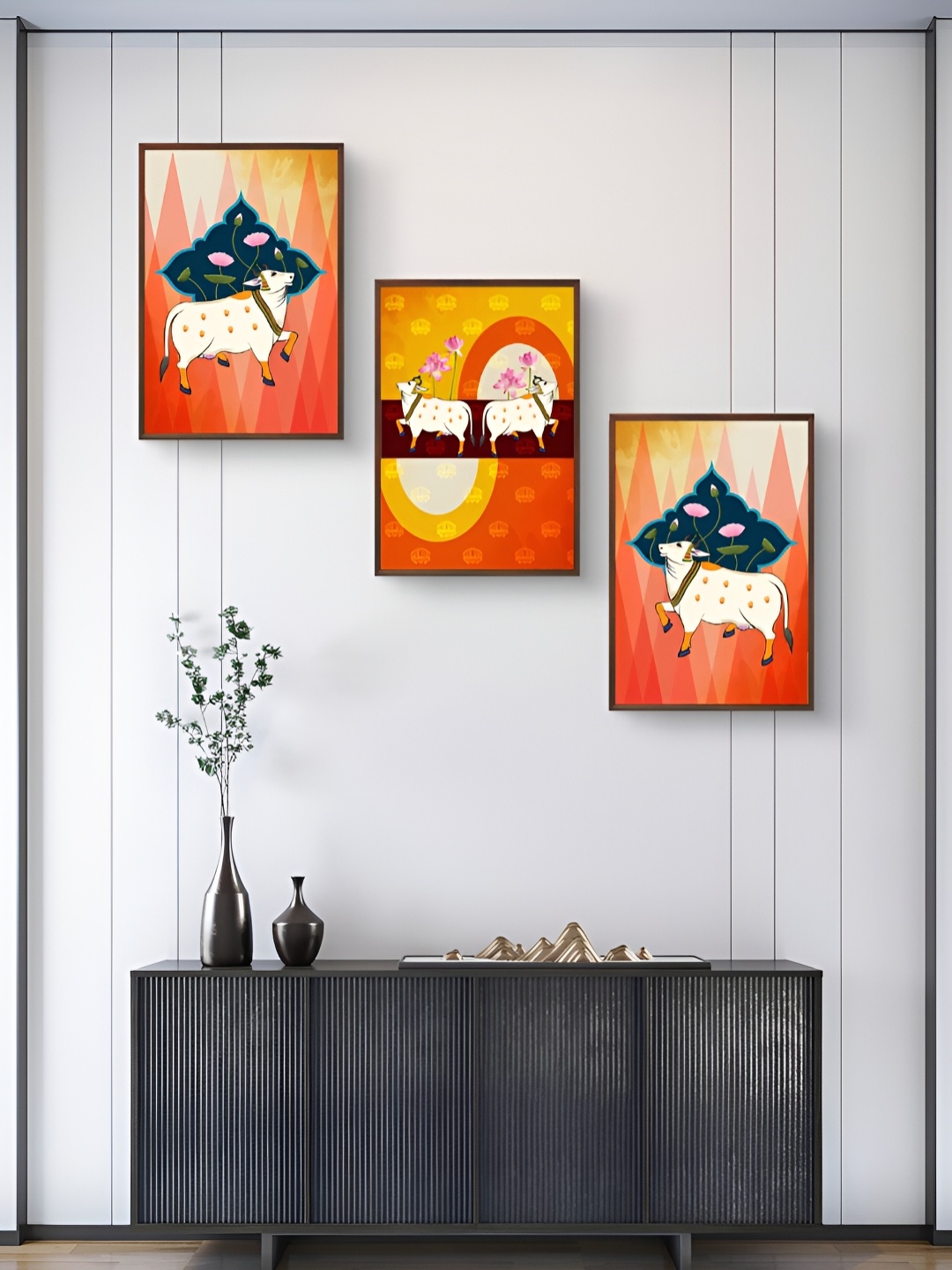 

999Store Orange & White 3Pcs Birds And Animals Wall Paintings